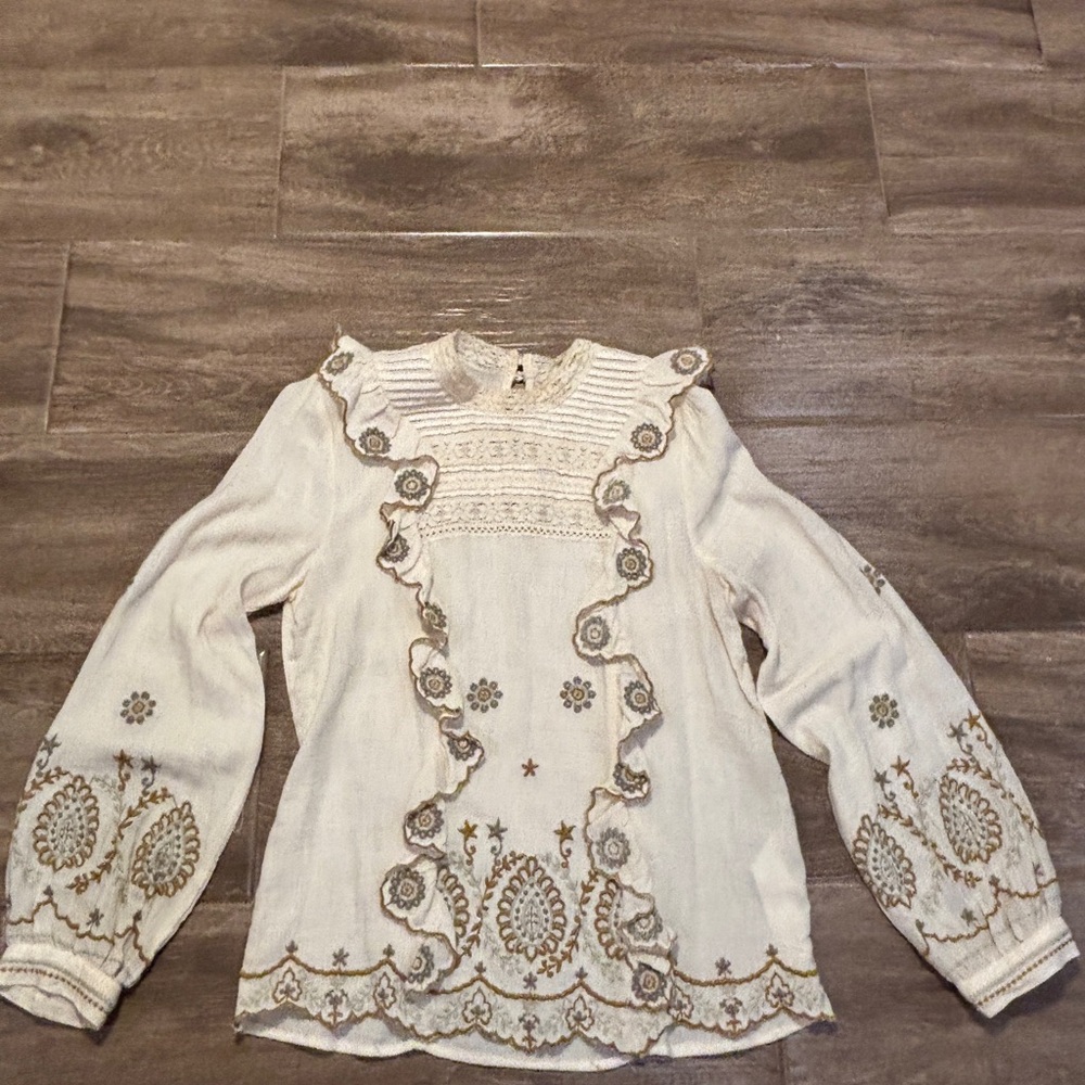 Zara Women’s‎ Size XS Boho Embroidered Cream Long sleeve Blouse Ruffles